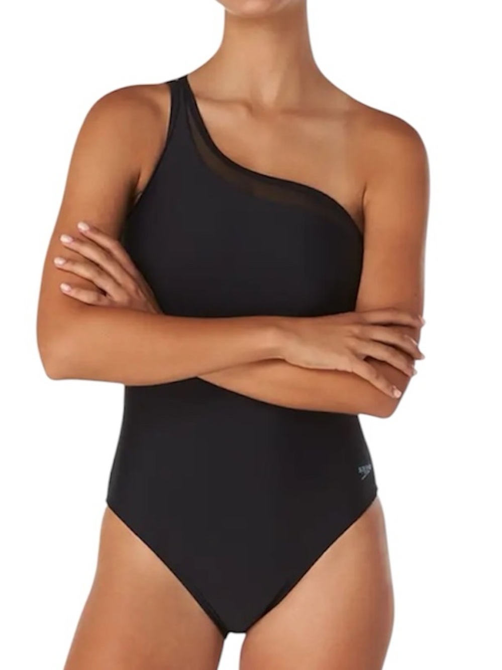 SPEEDO New Black Eco Flex Solid Mesh Asymmetrical One Piece Swimsuit Size 12